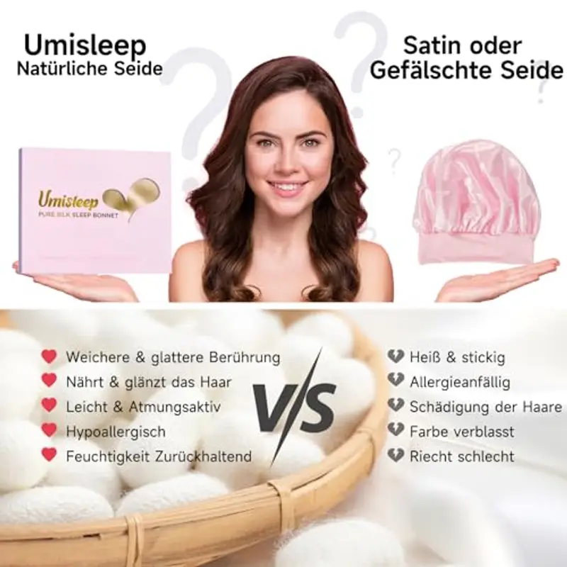 Umisleep Cuffia in Seta al 100% per Dormire – Doppia Seta di gelso per Capelli Lunghi, Traspirante e Morbido, 22 Momme con Fascia Regolabile, Oro Pallido, Oro Pallido miniatura 3