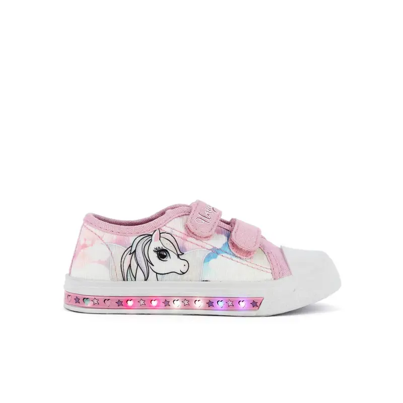 Sneakers rosa in tessuto stampa cartoon con luci e strappi