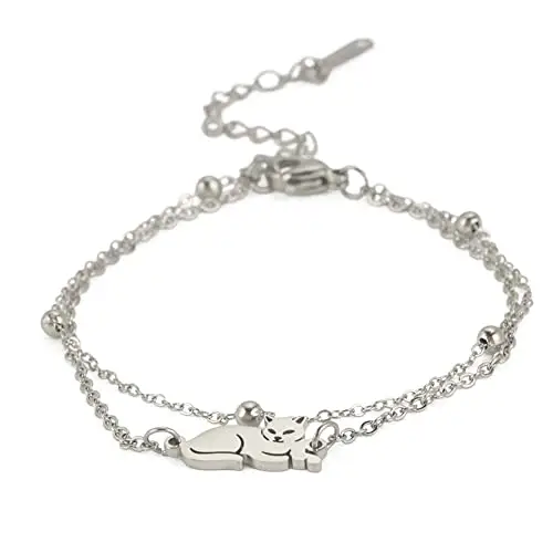 unift Bracciale a Strati per le Fonne Gatto Reclinato Bracciale a Doppia Catena Acciaio Inox Ciondolo Gatto Carino