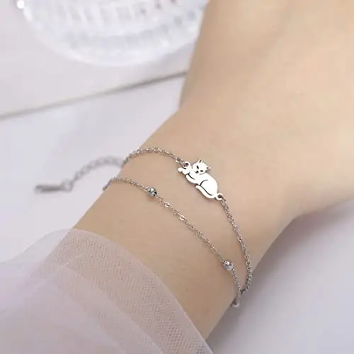 unift Bracciale a Strati per le Fonne Gatto Reclinato Bracciale a Doppia Catena Acciaio Inox Ciondolo Gatto Carino miniatura 2
