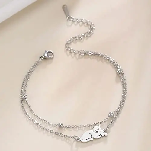 unift Bracciale a Strati per le Fonne Gatto Reclinato Bracciale a Doppia Catena Acciaio Inox Ciondolo Gatto Carino miniatura 3