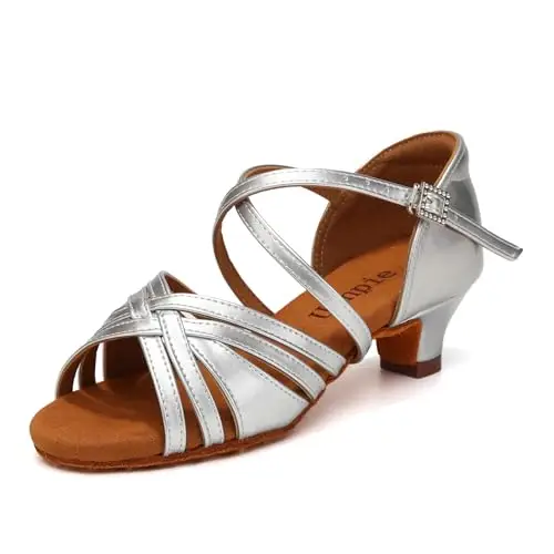 Uonpie Scarpe da Ballo Latino Americano Bambina Tacco 4cm Scarpe Ballo Danza Classica in Raso,Argento,28 EU