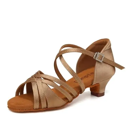 Uonpie Scarpe da Ballo Latino Americano Bambina Tacco 4cm Scarpe Ballo Danza Classica in Raso,Beige,40 EU