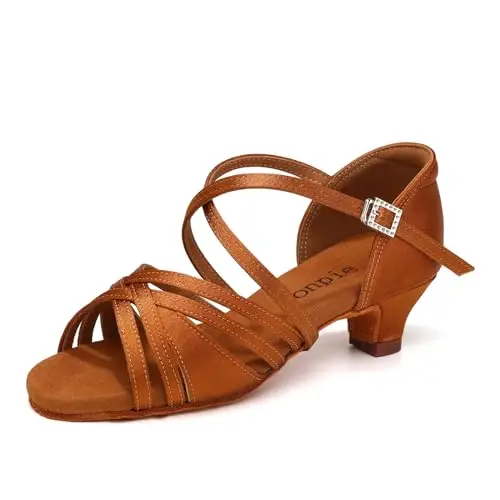 Uonpie Scarpe da Ballo Latino Americano Bambina Tacco 4cm Scarpe Ballo Danza Classica in Raso,Marrone,27.5 EU