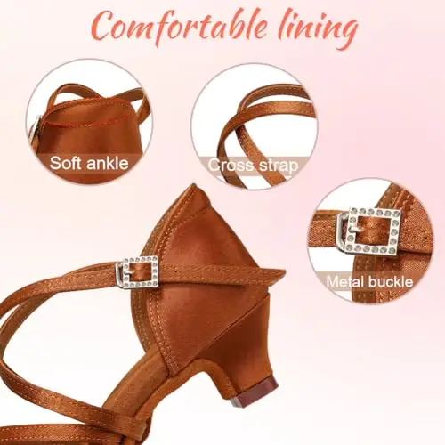 Uonpie Scarpe da Ballo Latino Americano Bambina Tacco 4cm Scarpe Ballo Danza Classica in Raso, Marrone, 27 EU miniatura 3