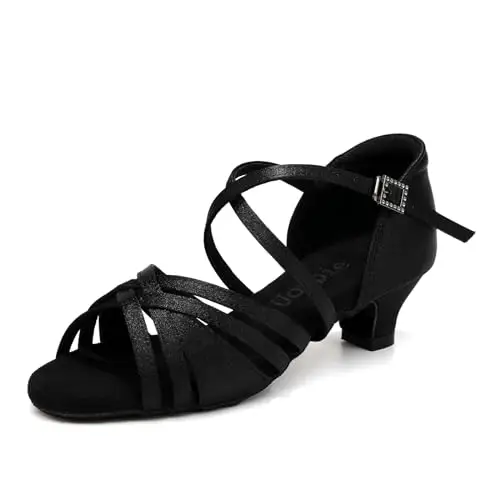 Uonpie Scarpe da Ballo Latino Americano Bambina Tacco 4cm Scarpe Ballo Danza Classica in Raso,Nero,28 EU