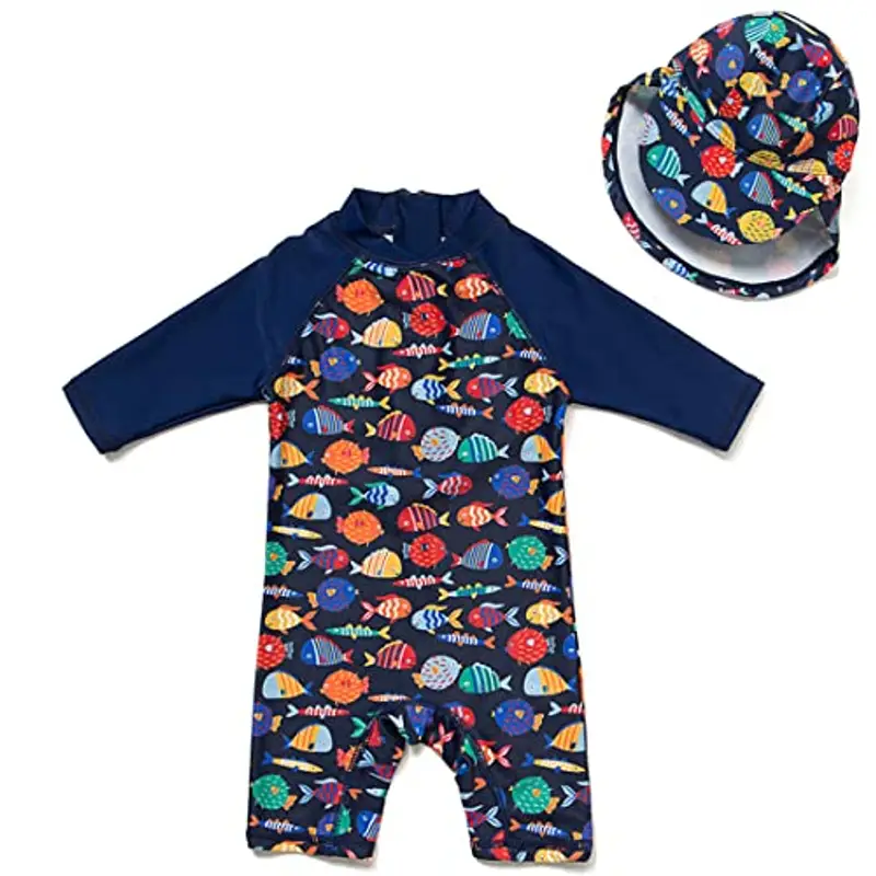 upandfast Costume da Bagno Intero per Neonate con Cerniera e Cappello da Sole(18-24 Mesi,Pesce cromatico)
