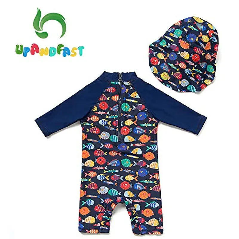 upandfast Costume da Bagno Intero per Neonate con Cerniera e Cappello da Sole(18-24 Mesi, Pesce cromatico) miniatura 2