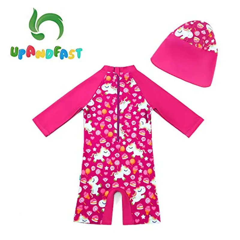 upandfast Costume da Bagno per Bambini con Protezione Solare a Maniche Lunghe ad Asciugatura Rapida(24-36 Mesi, Rosa) miniatura 2