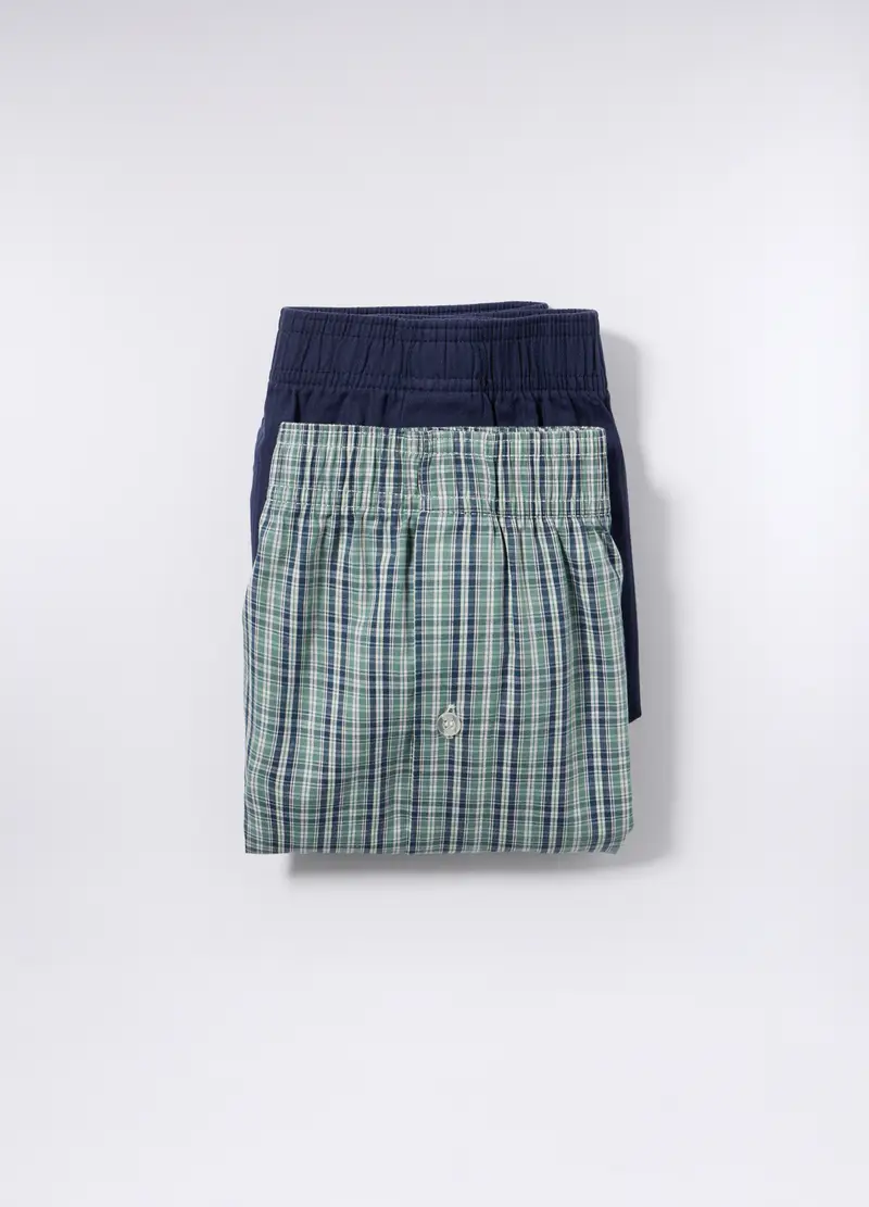 2 Pack Boxer In Tela Di Cotone A Quadri Uomo, Blu/Verde