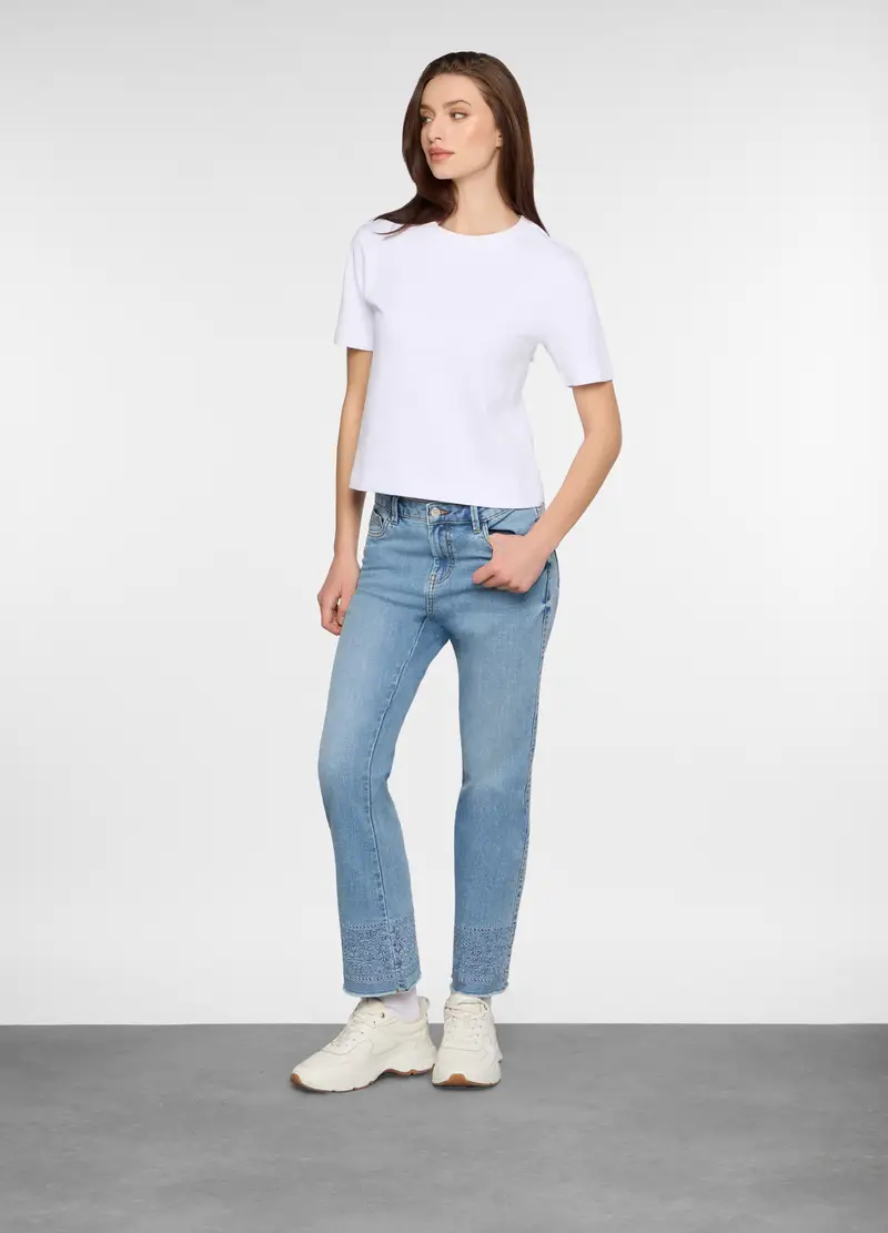 5 Tasche Fit Mini Flare In Denim Stretch Con Ricamo Al Fondo Donna, Azzurro chiaro