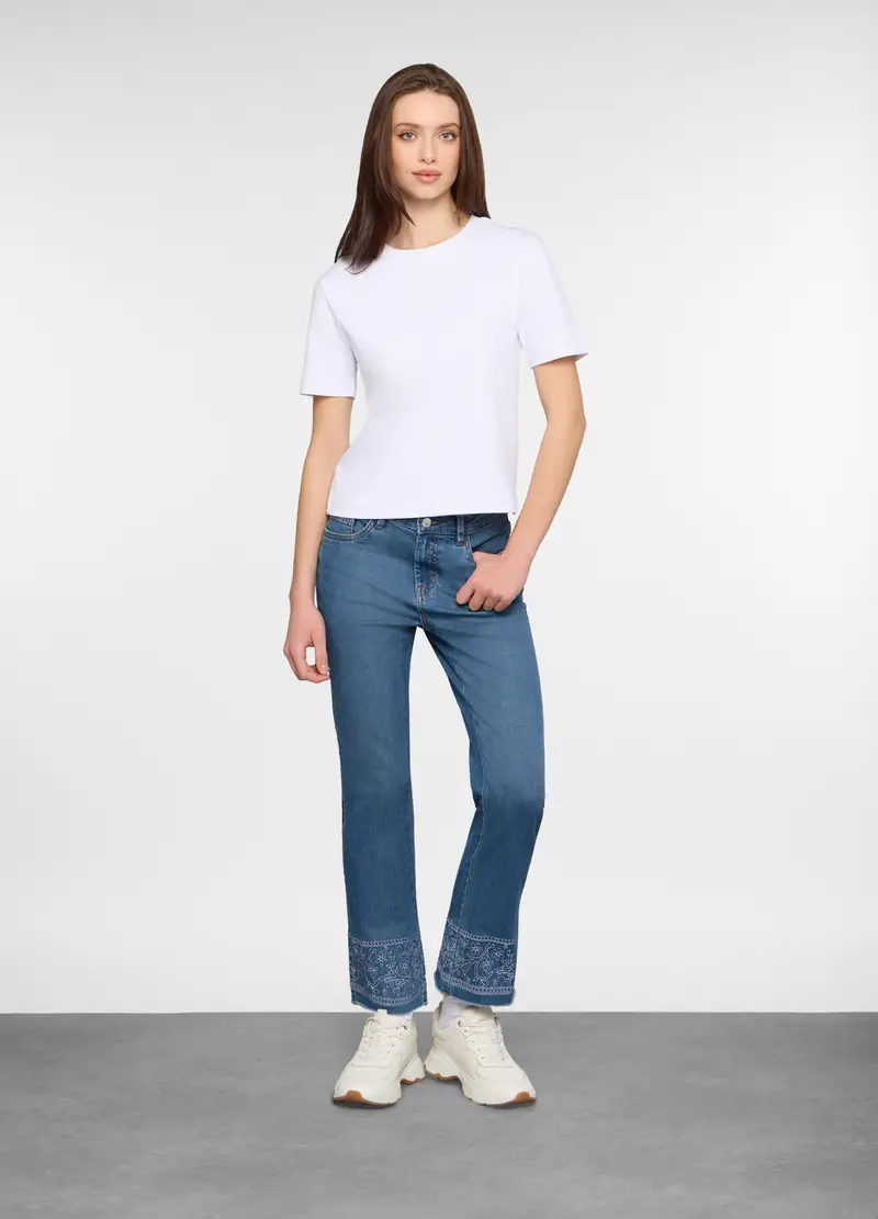 5 Tasche Fit Mini Flare In Denim Stretch Con Ricamo Al Fondo Donna, Blu denim