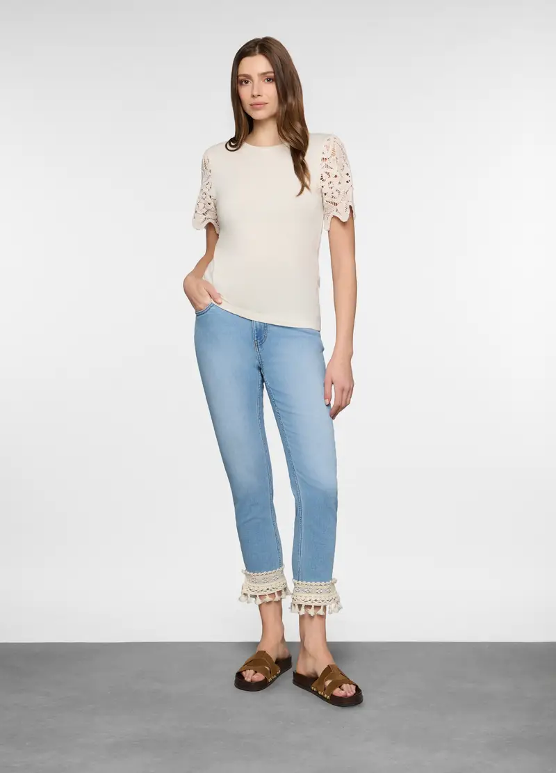 5 Tasche Fit Slim In Denim Stretch Con Tape Al Fondo Donna, Azzurro chiaro