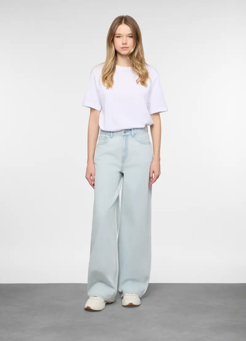 5 Tasche Fit Wide Con Fondo Risvoltato In Denim Donna, Azzurro