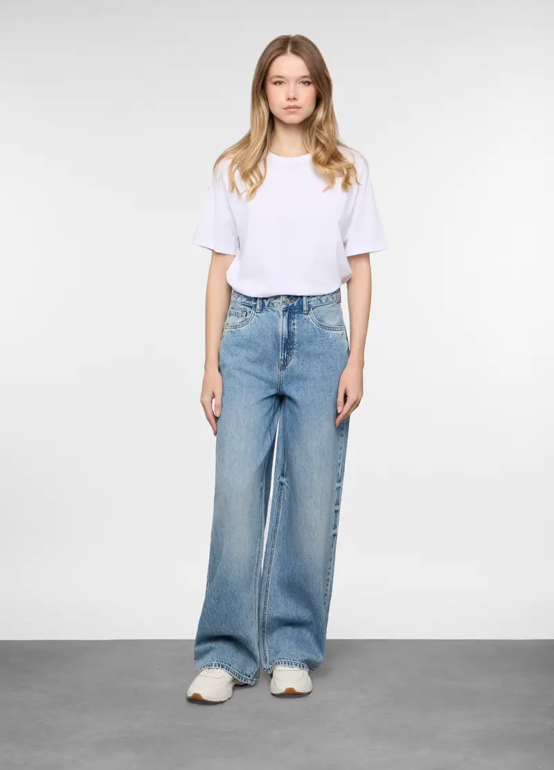 5 Tasche Fit Wide Con Fondo Risvoltato In Denim Donna, Blu denim