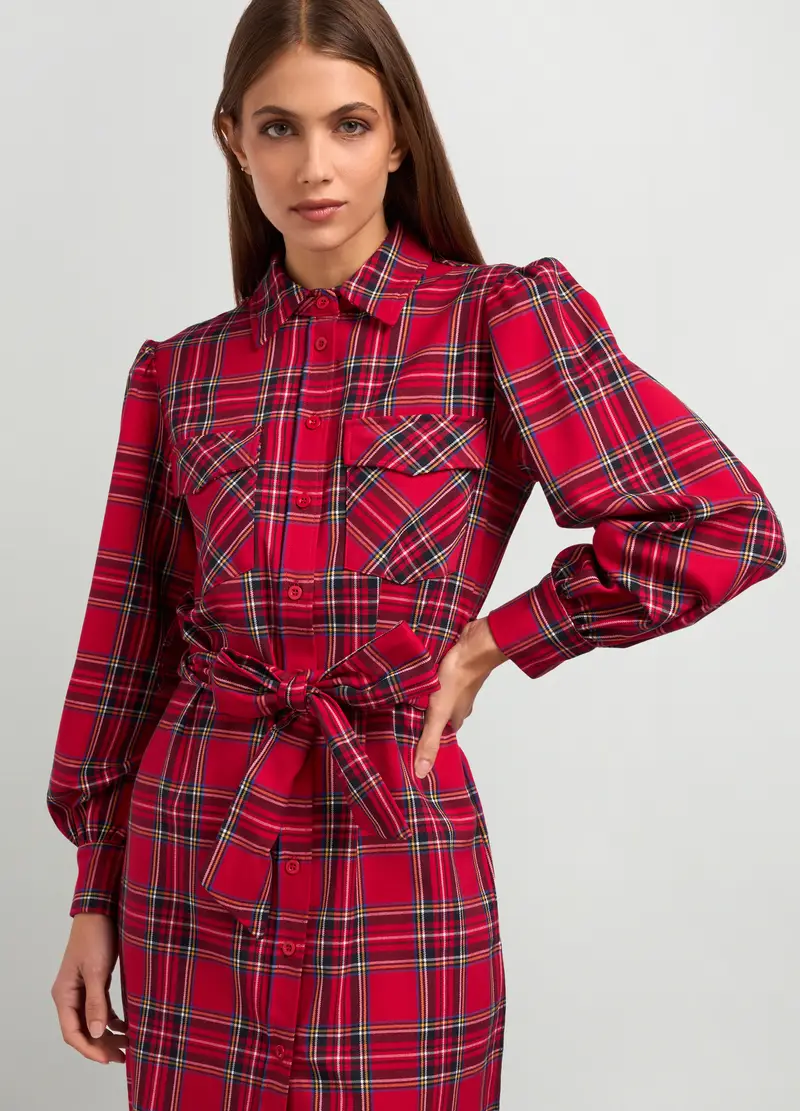 Abito Chemisier Corto In Fantasia Tartan Donna, Verde/rosso miniatura 3