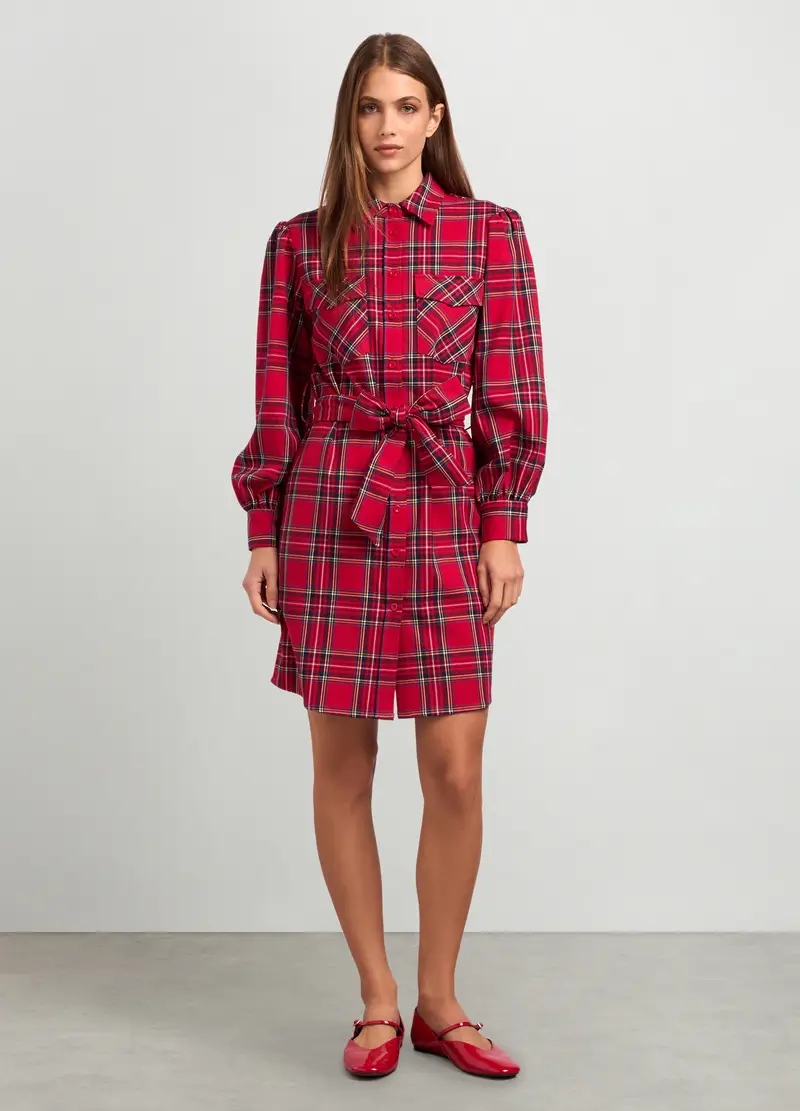 Abito Chemisier Corto In Fantasia Tartan Donna, Verde/rosso