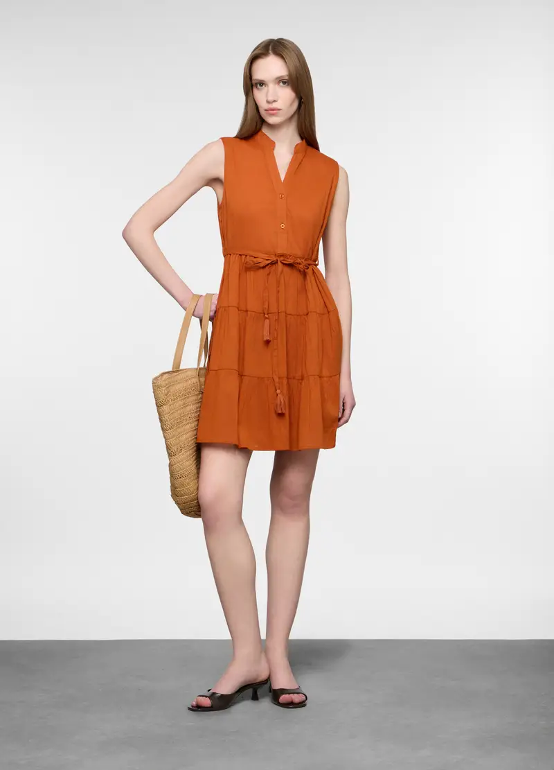 Abito Corto A Balze In Puro Cotone Donna, Arancione papaya