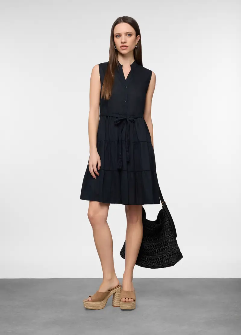 Abito Corto A Balze In Puro Cotone Donna, Nero