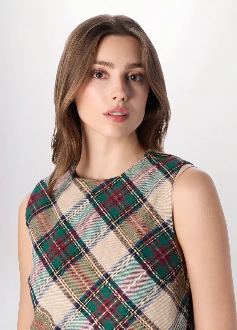 Abito Corto A Quadri In Puro Cotone Donna, Bianco/Verde miniatura 3
