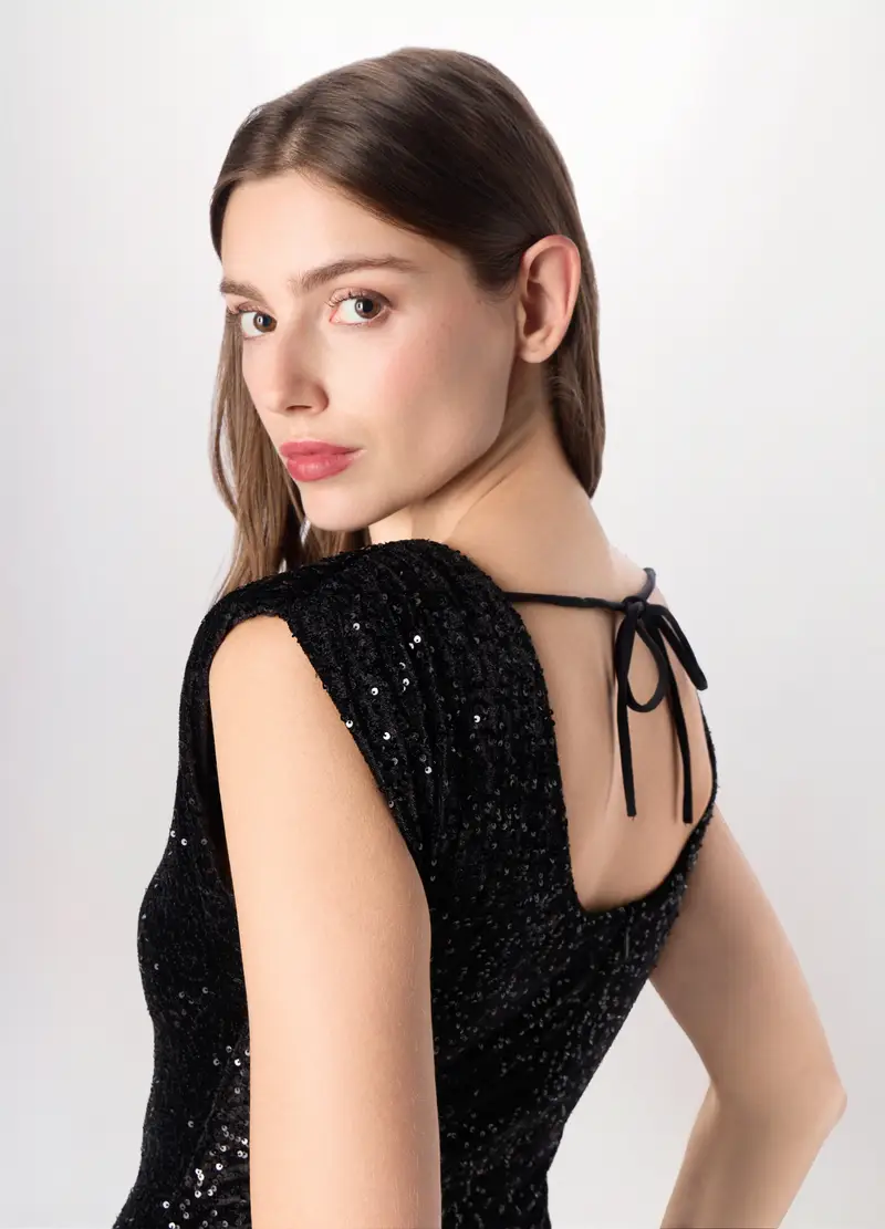 Abito Corto Con Paillettes Donna, Nero miniatura 3