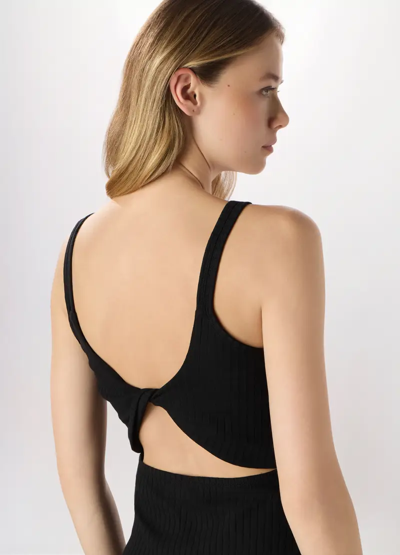 Abito Corto In Costina Di Misto Cotone Stretch Donna, Nero miniatura 3