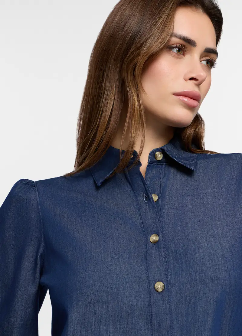 Abito Corto In Denim Di Puro Cotone Donna, Blu denim miniatura 3