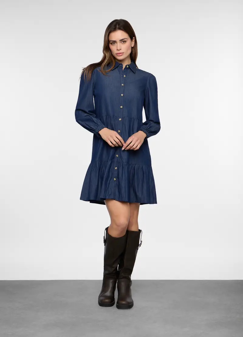 Abito Corto In Denim Di Puro Cotone Donna, Blu denim