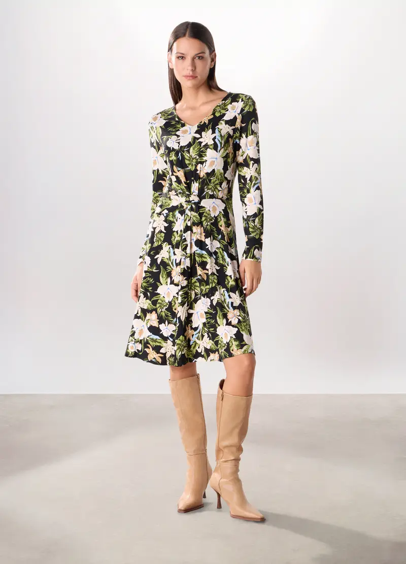 Abito Corto In Jersey Stretch Donna, Nero stampa 1