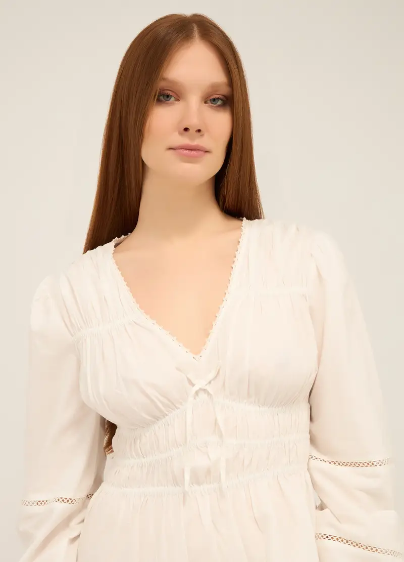 Abito Corto In Puro Cotone Donna, Bianco gesso miniatura 3