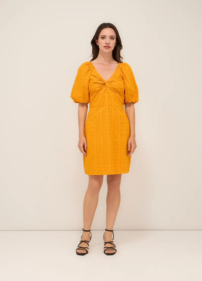 Abito Corto In Puro Cotone Sangallo Donna, Giallo ocra