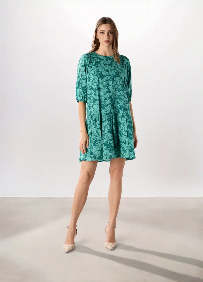 Abito Corto Misto Cotone Donna, Verde ottanio