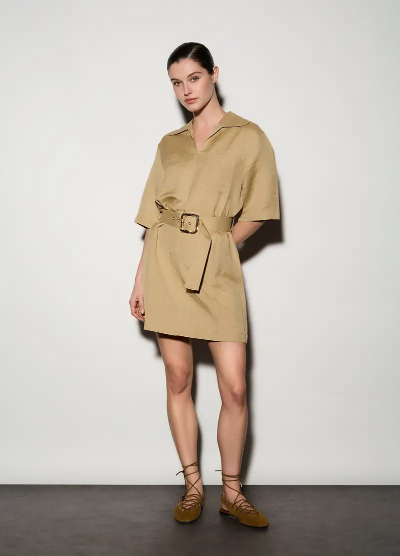 Abito Corto Misto Lino Donna, Unisex, Beige chiaro