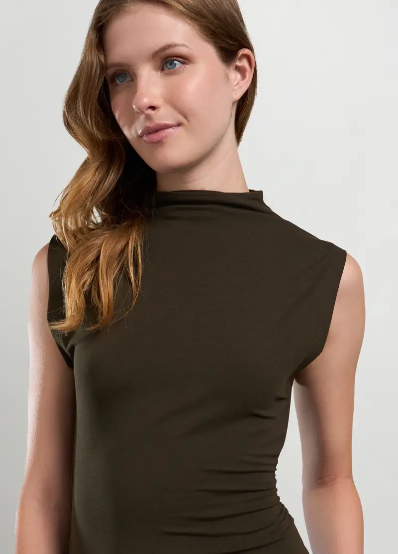 Abito Corto Smanicato In Cotone Stretch Donna, Verde oliva miniatura 3