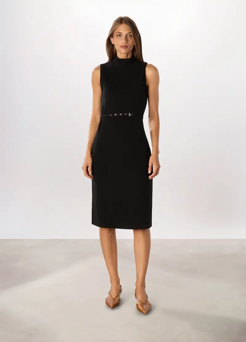 Abito Corto Smanicato In Misto Viscosa Donna, Nero stampa 1