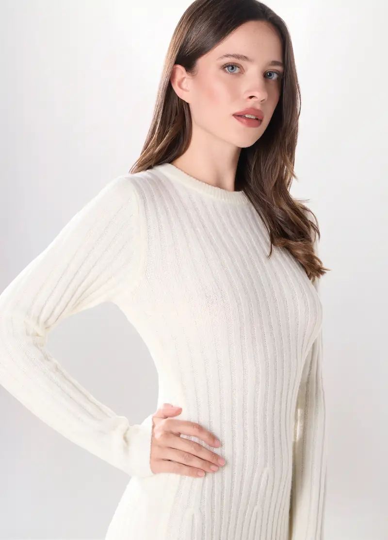 Abito Corto Tricot Donna, Bianco panna miniatura 3