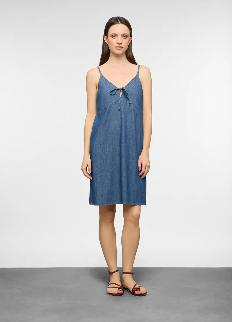 Abito Fit Regular Con Spalline Sottili E Fiocchetto Davanti In Denim Donna, Blu scuro