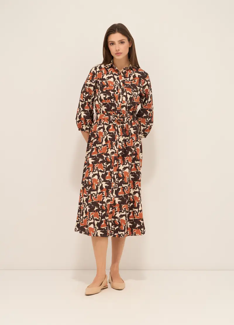 Abito In Chemisier Di Puro Cotone Donna, Marrone cioccolato