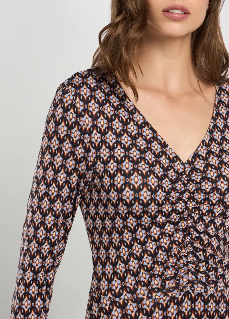 Abito In Viscosa Stretch Con Stampa Donna, Blu navy miniatura 3