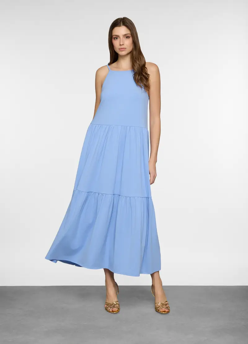 Abito Lungo A Balze In Jersey Stretch Donna, Azzurro chiaro