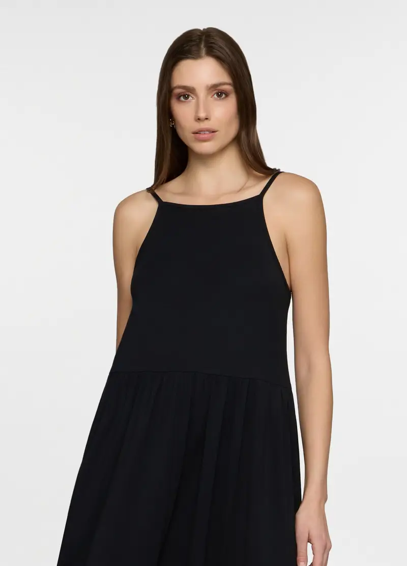 Abito Lungo A Balze In Jersey Stretch Donna, Nero miniatura 3