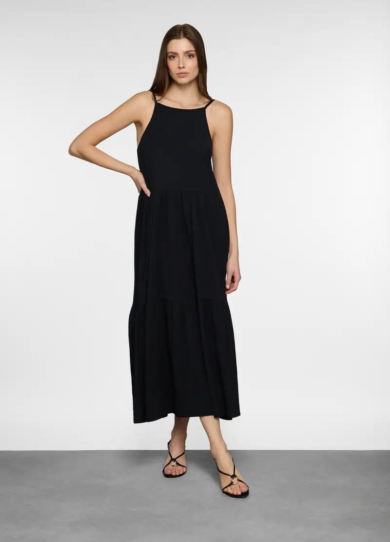 Abito Lungo A Balze In Jersey Stretch Donna, Nero