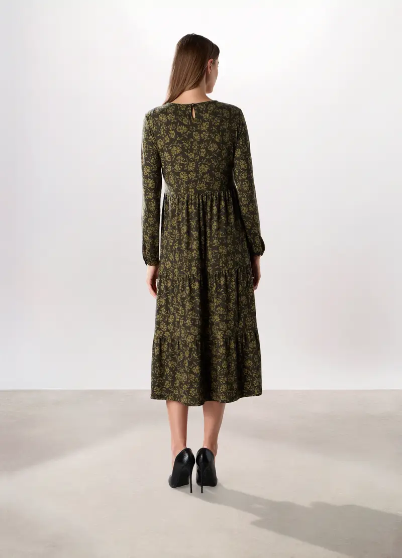 Abito Lungo A Balze In Jersey Stretch Donna, Verde oliva miniatura 2