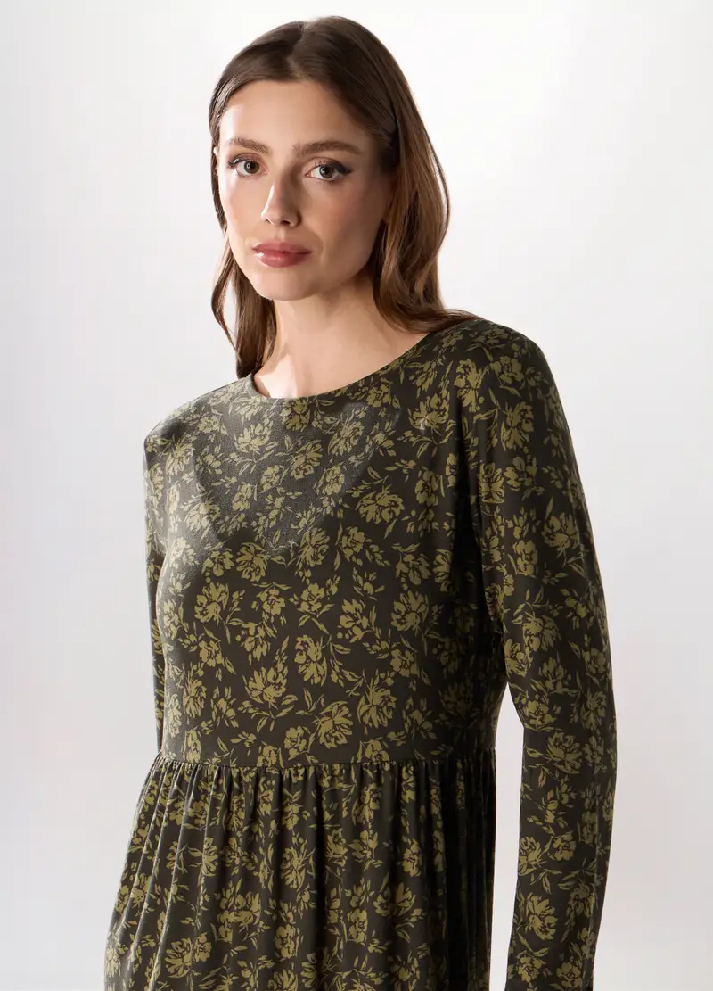 Abito Lungo A Balze In Jersey Stretch Donna, Verde oliva miniatura 3