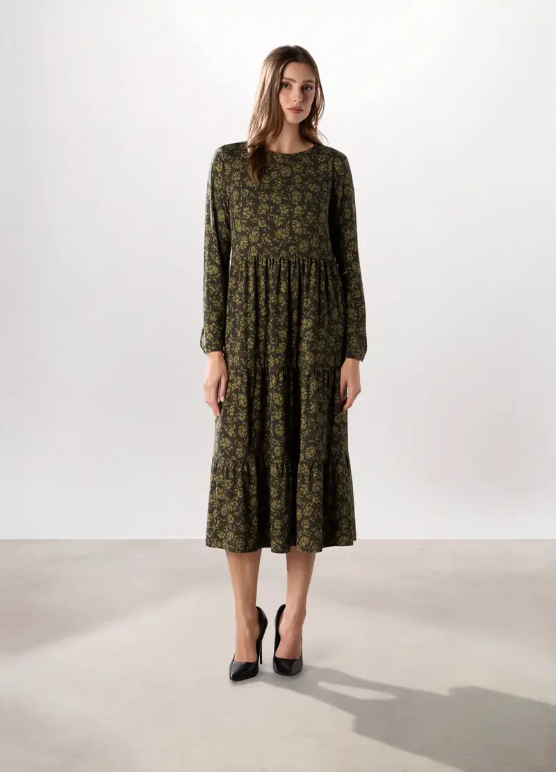 Abito Lungo A Balze In Jersey Stretch Donna, Verde oliva