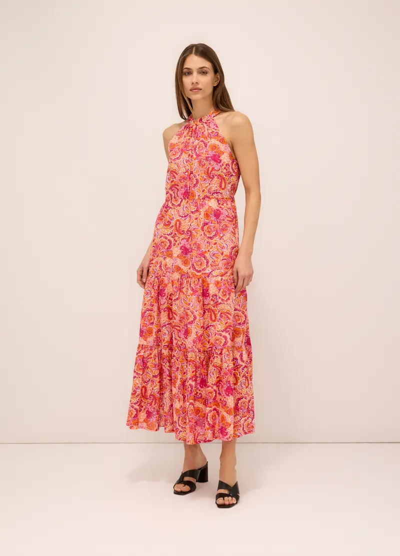 Abito Lungo A Balze In Puro Cotone Donna, Arancione/Rosa