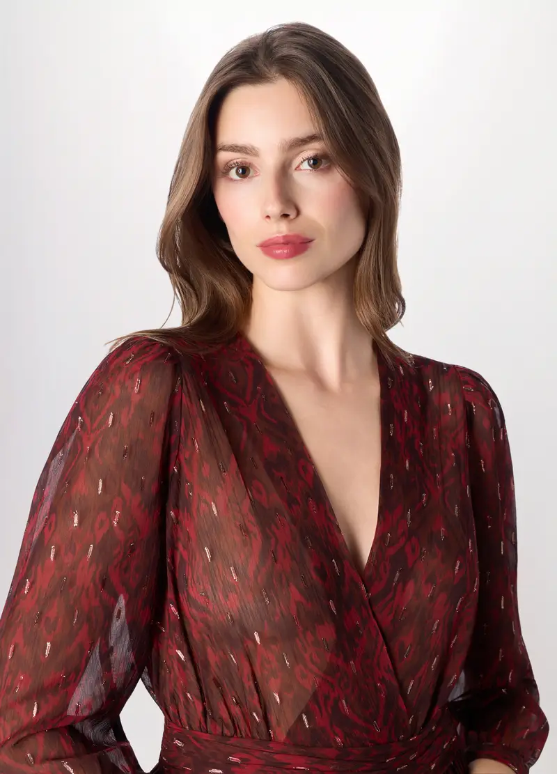 Abito Lungo Chiffon Donna, Rosso scuro miniatura 3