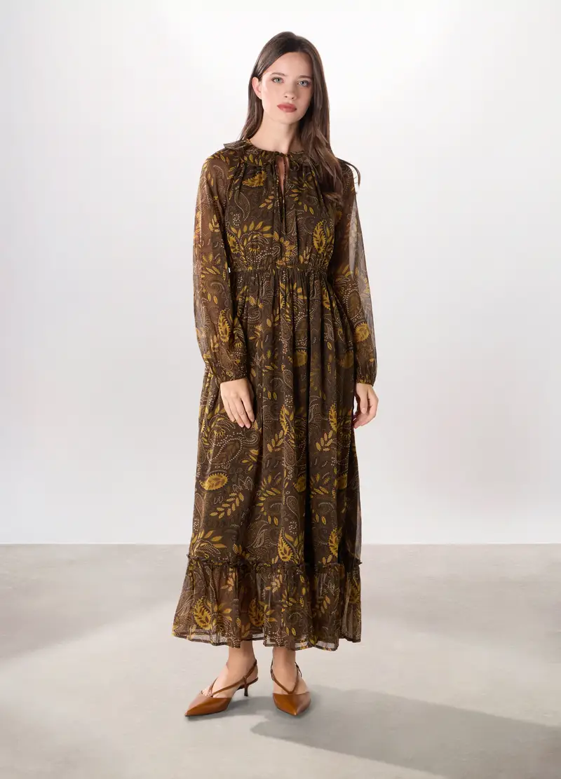 Abito Lungo Con Stampa Donna, Marrone tabacco chiaro