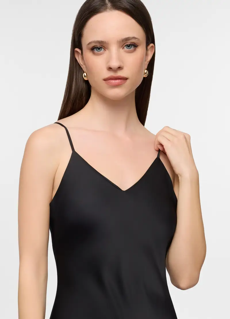 Abito Lungo Fitted In Raso Donna, Nero miniatura 3