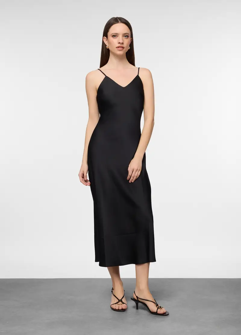 Abito Lungo Fitted In Raso Donna, Nero